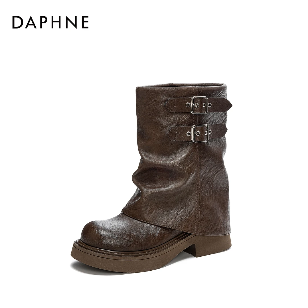 达芙妮新款欧美风复古厚底短靴增高时尚百搭潮流秋季中筒时装靴