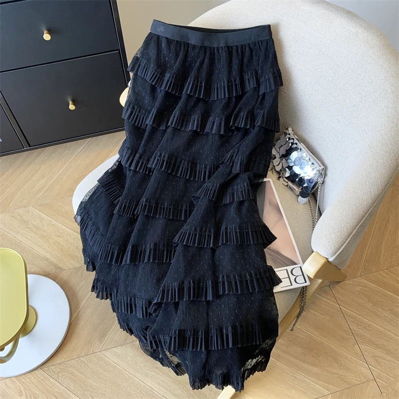 黑色蕾丝拼接半身裙女春夏温柔仙女蛋糕裙高腰a字中长裙网纱半裙