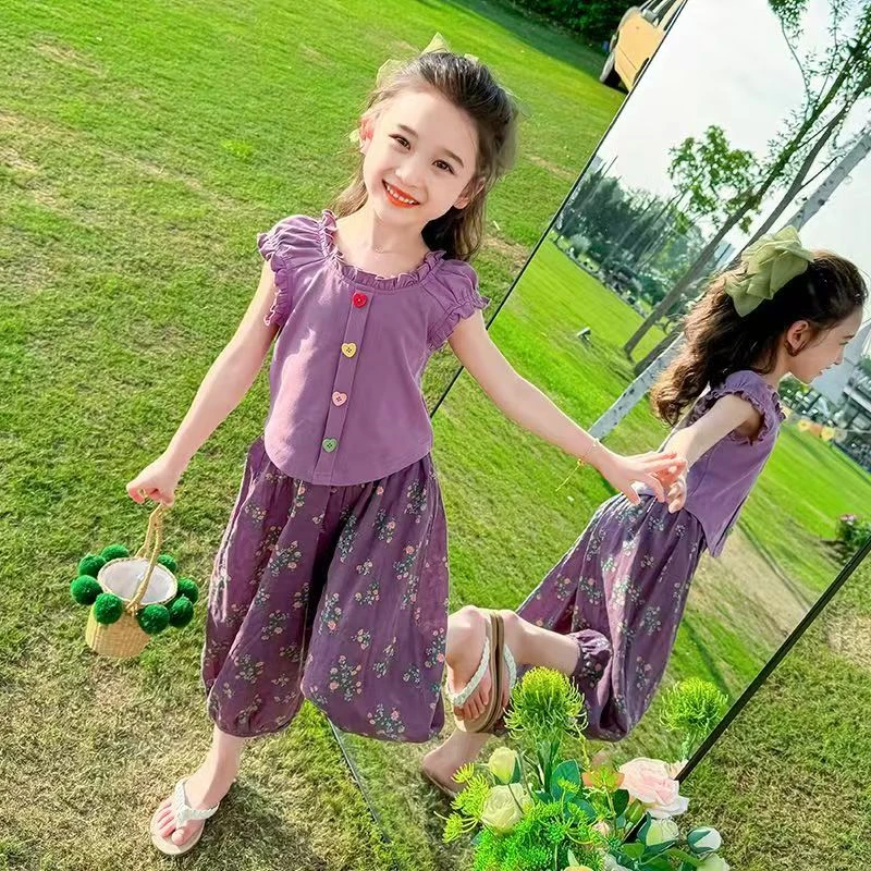 2025夏季新款时尚百搭套装儿童男童女童可爱甜美紫色洋气两件套