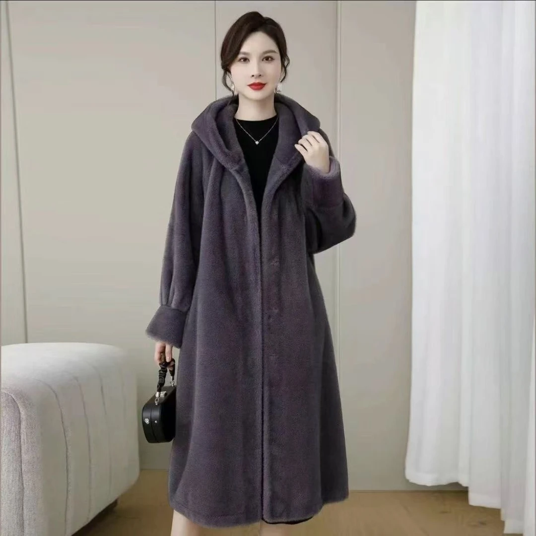 190#秋冬新款加厚长款连帽大衣宽松欧貂绒水貂绒毛毛外套皮毛外套