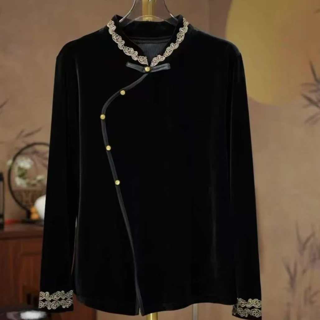新款2025春大码新中式洋气长袖上衣百搭花边减龄显瘦打底衫/6626