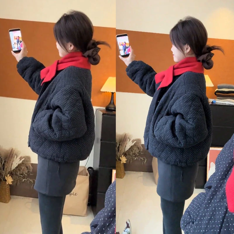 今年流行穿搭一整套2025新款时尚保暖波点棉服外套百搭短裙两件套