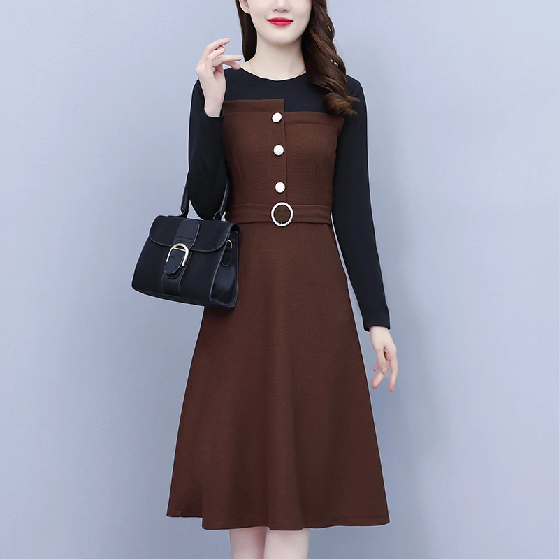 大码女装秋冬圆领拼接针织修身遮肚洋气长袖气质连衣裙女FA#6865