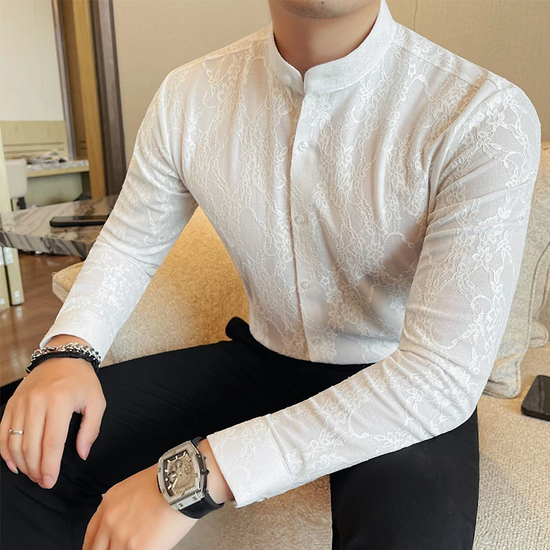 高级感立领长袖花衬衫男款爆款2025新款春秋时尚百搭镂空衬衣男