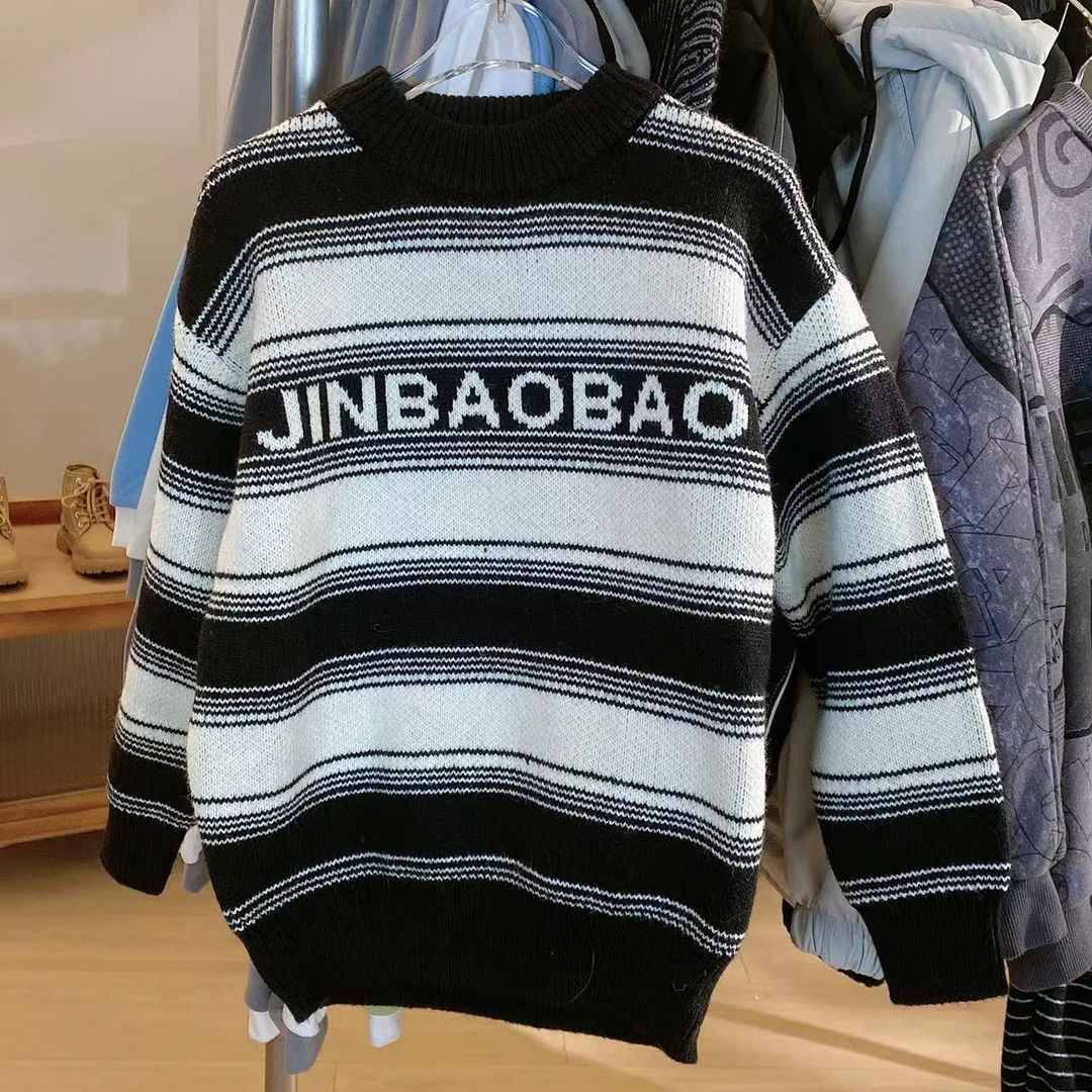 【嘟妈童装】2024儿童条纹加绒加厚毛线衣男童冬季保暖针织衫8066