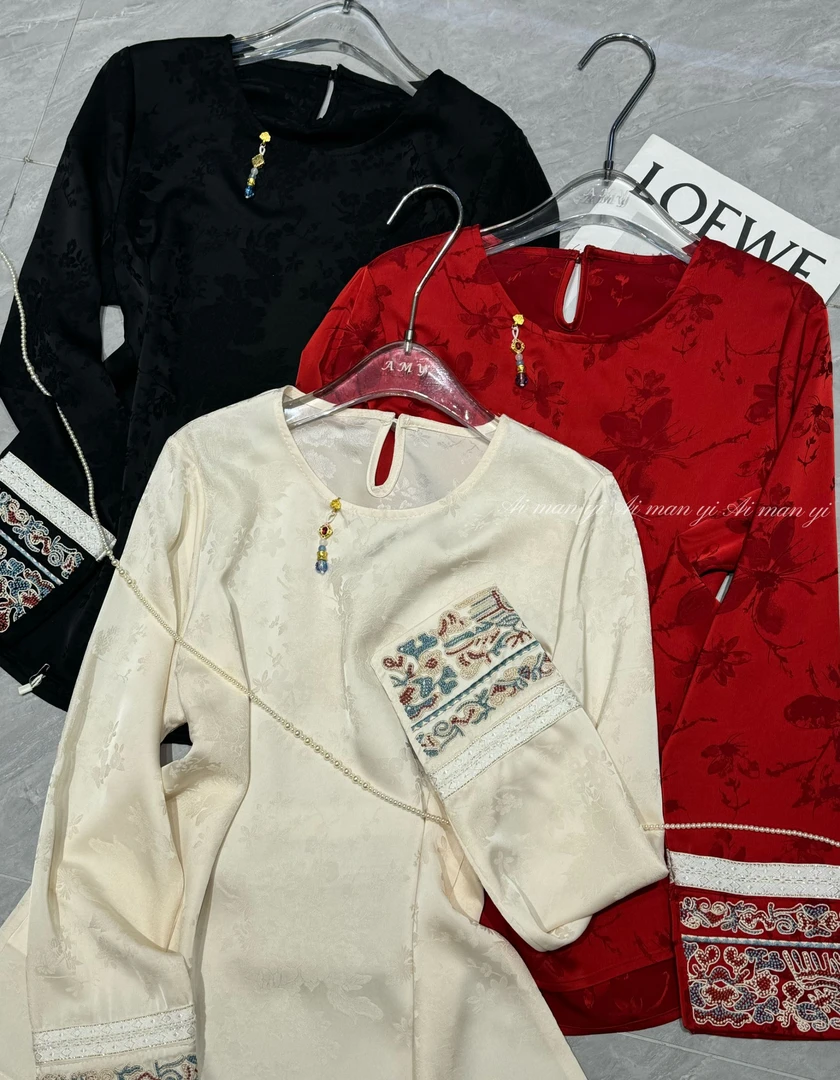 【蓝袖】新中式拼接提花醋酸衬衫女国风复古高端气质上衣27181