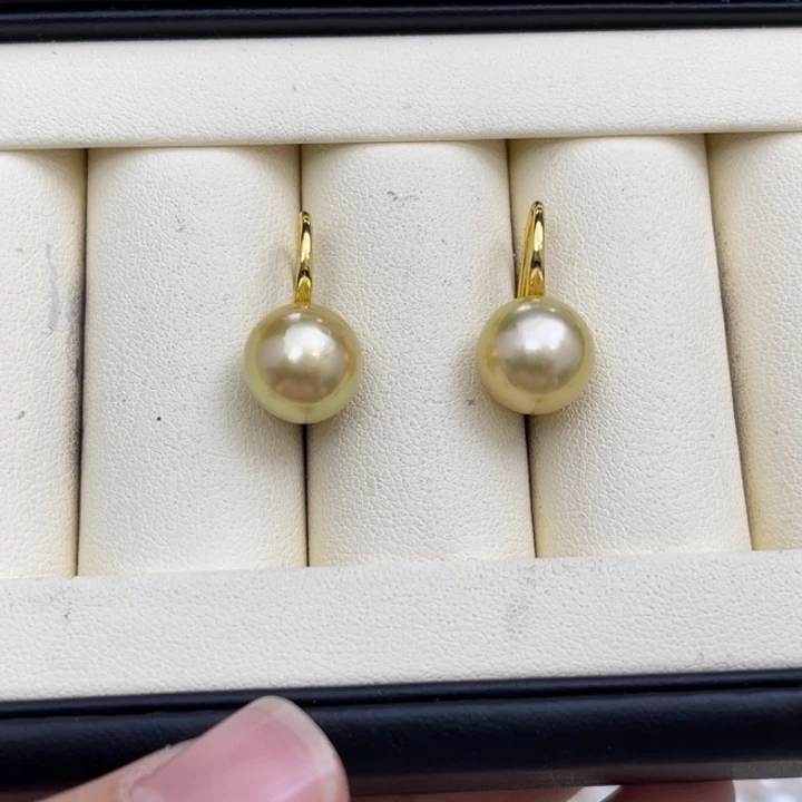 海水珍珠耳饰银S925镶嵌金珠高跟鞋10-11mm