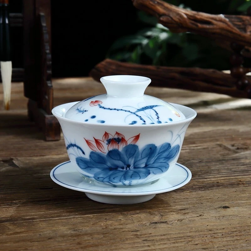 吴氏品雅荷塘游鱼群白瓷高档高温窑烧釉下彩高端手绘大号功夫茶具