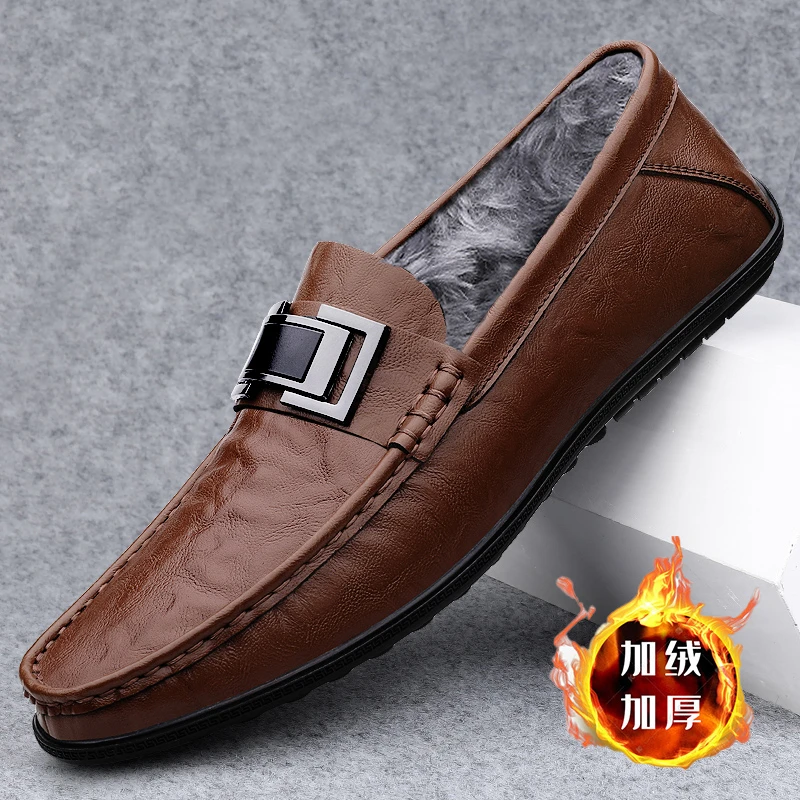 男士豆豆鞋男款加绒保暖软底休闲鞋百搭一脚蹬男鞋英伦商务皮鞋子