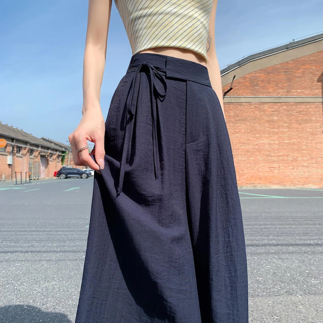 藏青色天丝亚麻女款夏薄款新棉麻阔腿裤系带休闲山本裤女士休闲裤