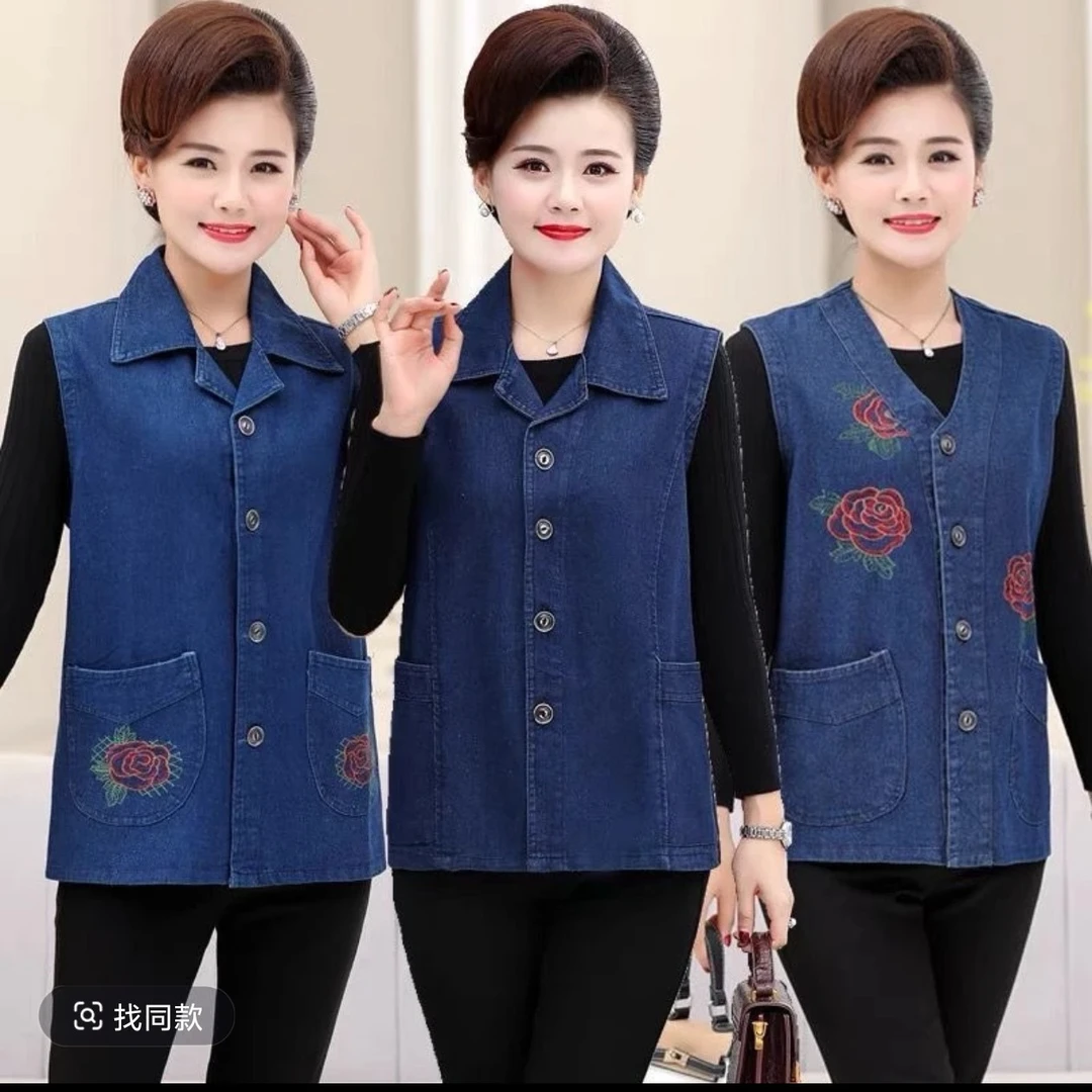 中老年女士马夹外穿妈妈春装外套短款棉质牛仔布绒背心坎肩上衣