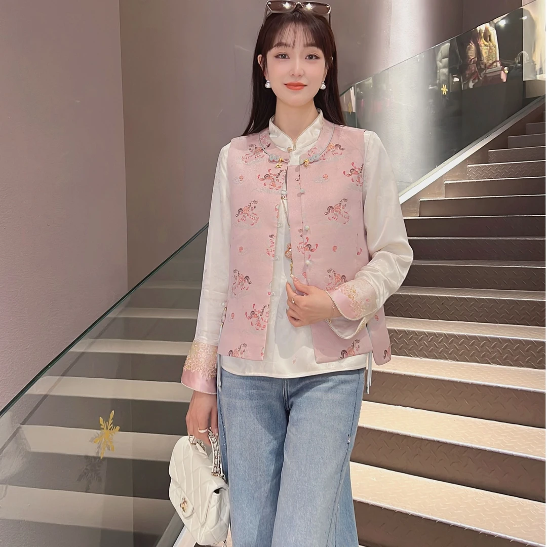 《秀秀定制》【粉色福马】早春款新中式时尚百搭气质女马甲7091