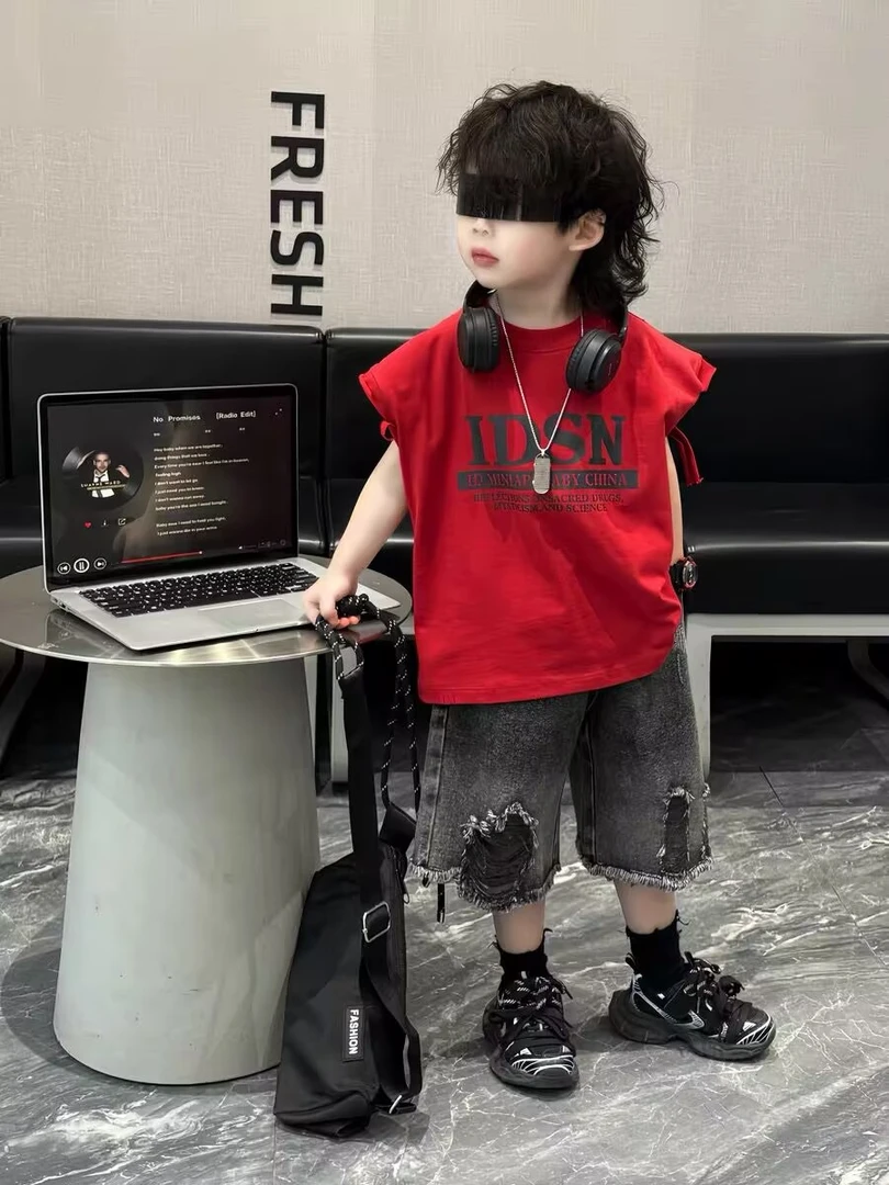 儿童夏款背心短裤套装25新款男童潮酷背心牛仔短裤中小童洋气套装