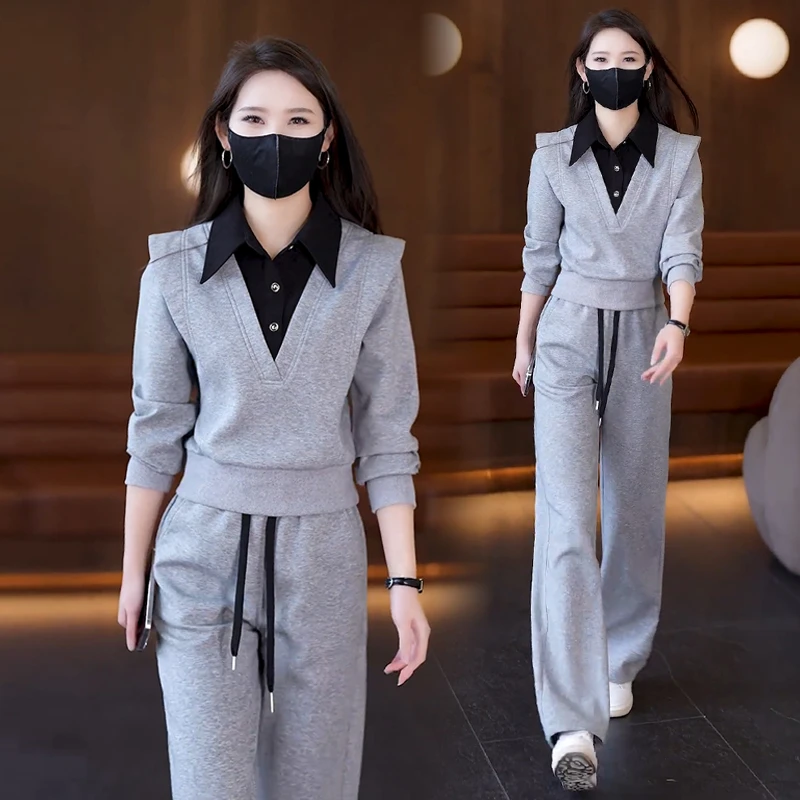 时尚休闲运动套装女2025春季新款宽松假两件卫衣阔腿裤显瘦两件套