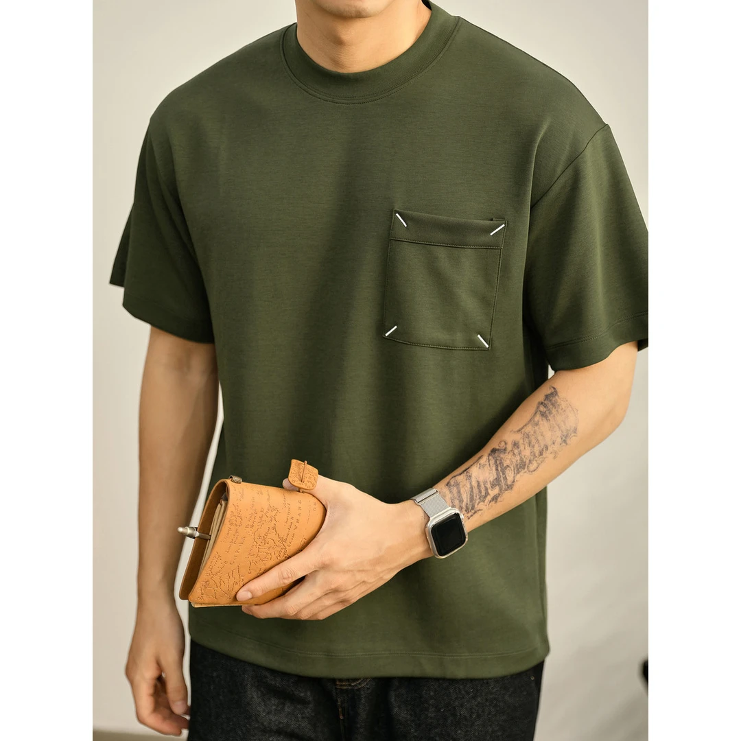 奥兰德保罗莫代尔刺绣休闲口袋T恤衫男生复古军旅风落肩宽松上衣