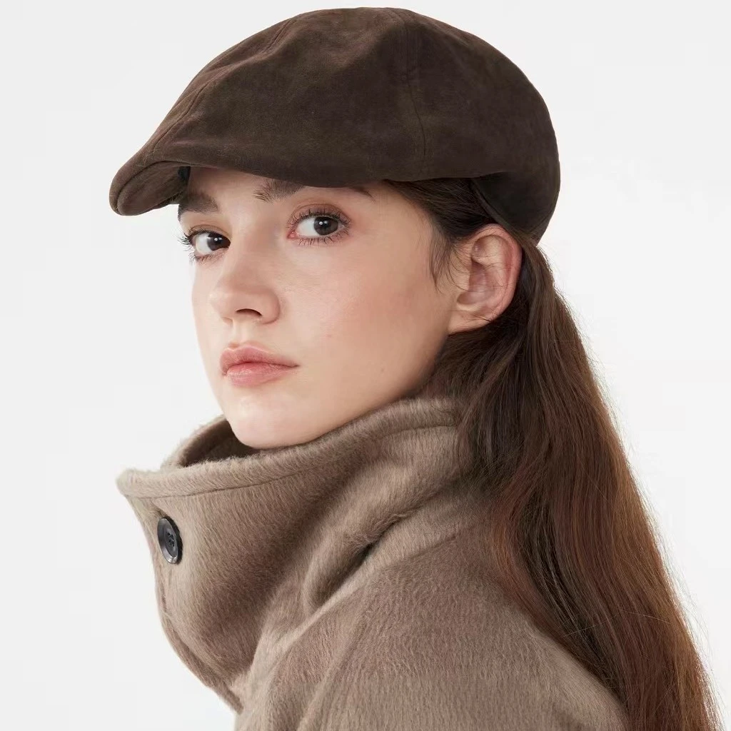 麂皮绒棕色前进帽女款2025秋冬新款贝雷帽复古英伦风报童帽否