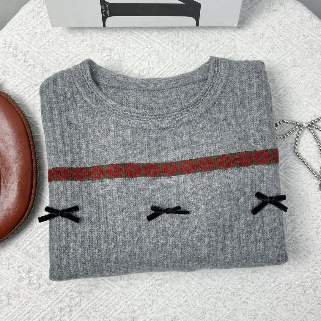玲姐定制-灰色圆领图案条纹蝴蝶结款针织毛衣280216