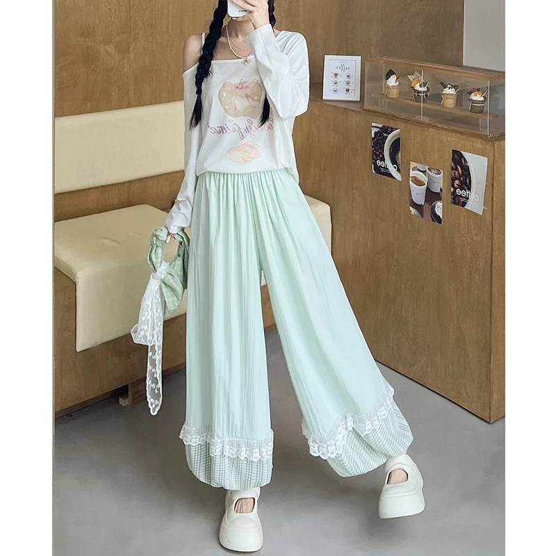 绿色花苞裙裤女夏季蕾丝花边灯笼裤小个子高腰显瘦垂感格子阔腿裤