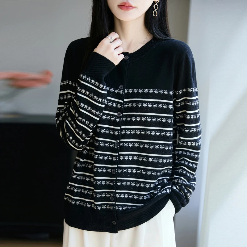 哥弟阿玛施正品新款圆领条纹羊毛针织衫女开衫休闲秋冬季上衣时尚