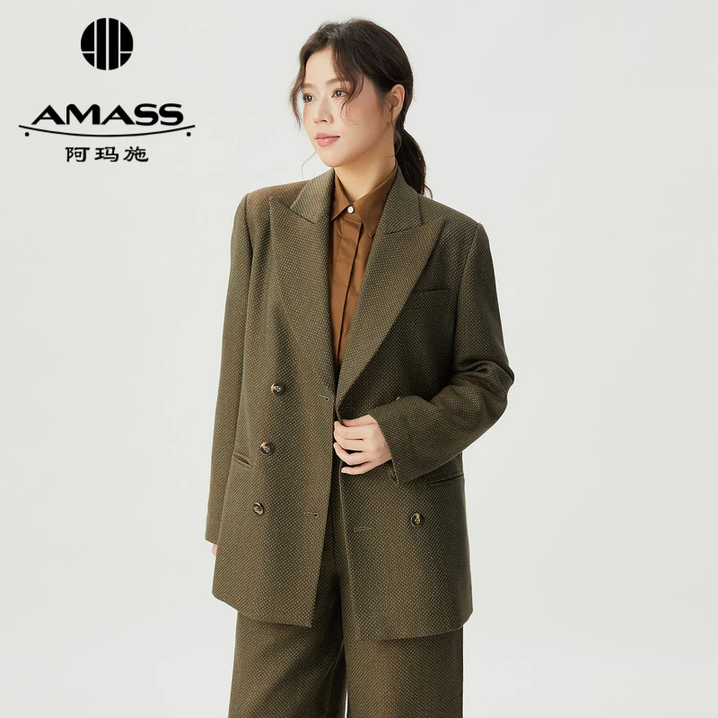 AMASS阿玛施2025新款千鸟格纹双排扣气质羊毛西装羊毛双排扣女士