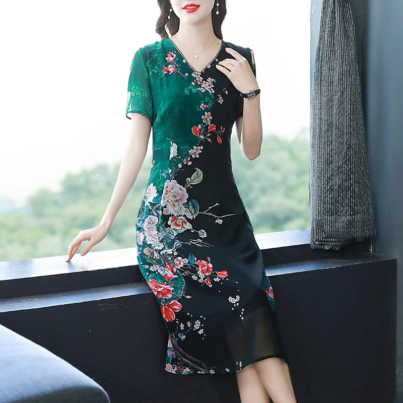 4786-XYF气质修身裙子女夏天长裙印花雪纺连衣裙夏中长裙