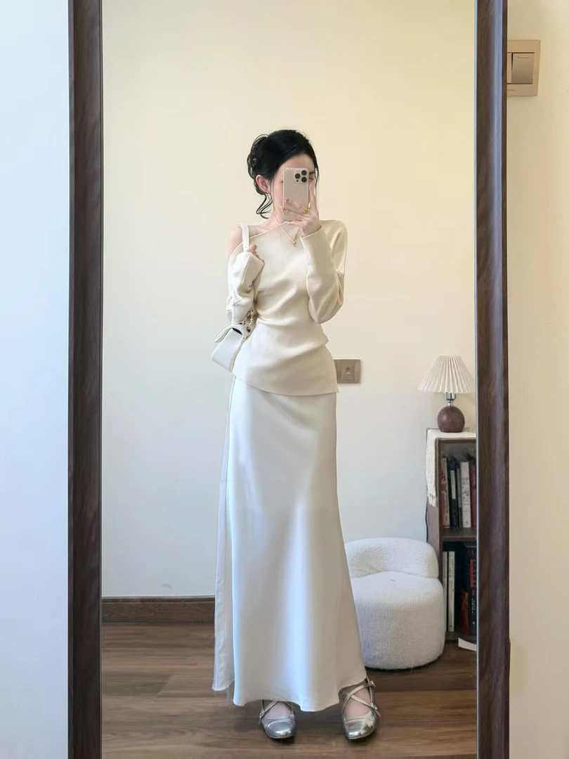 【月光与诗】法式高级感名媛风露肩针织上衣白色缎面丝光半裙气质女