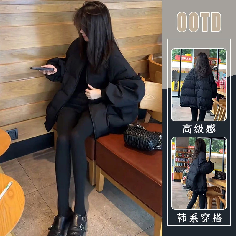 高级感简约黑色面包服女2025冬季新款保暖棉袄中长款宽松棉服外套