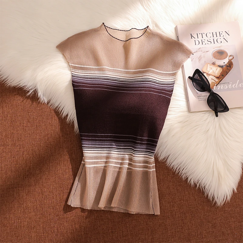 撞色条纹半高领无袖针织背心女夏季修身收腰设计感弹力百搭小上衣