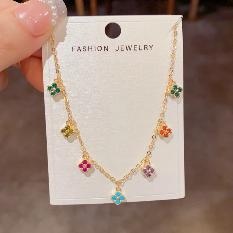 钛钢项链 时尚轻奢彩色四叶花流苏项链女精致温柔百搭