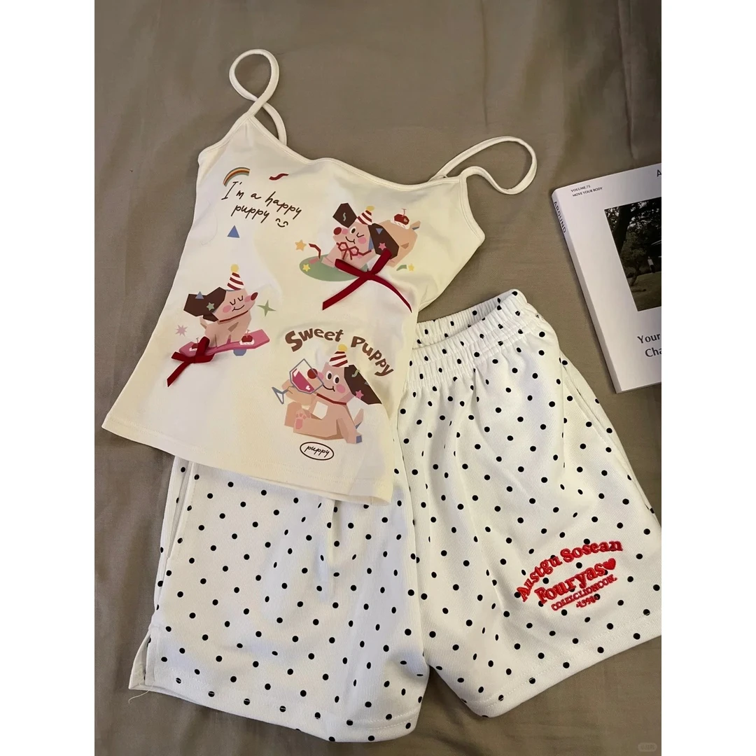 甜美可爱韩版卡通印花吊带睡衣女夏季背心短裤家居服套装可外穿