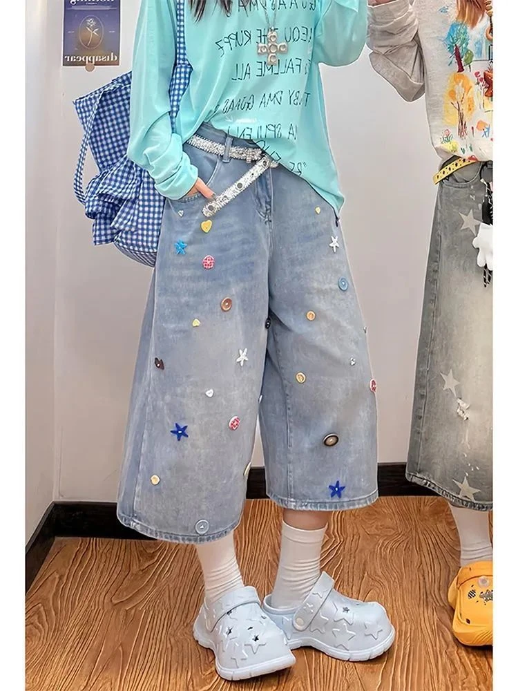 彩色纽扣牛仔七分裤2025夏季百搭女街头水洗宽松休闲直筒阔腿中裤