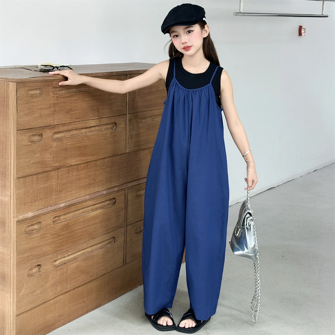 女童夏季套装爆款2025新款洋气爆款中大童高级感宽松背带阔腿裤潮