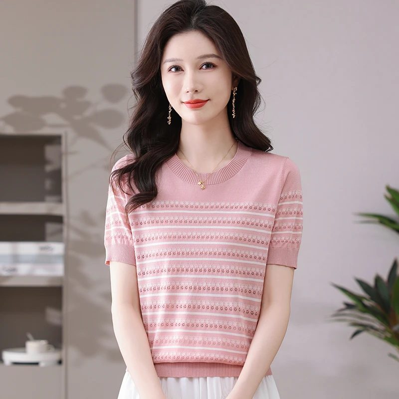 100莱赛尔天丝套头夏季时尚镂空薄款渐变色针织衫女打底衫圆领