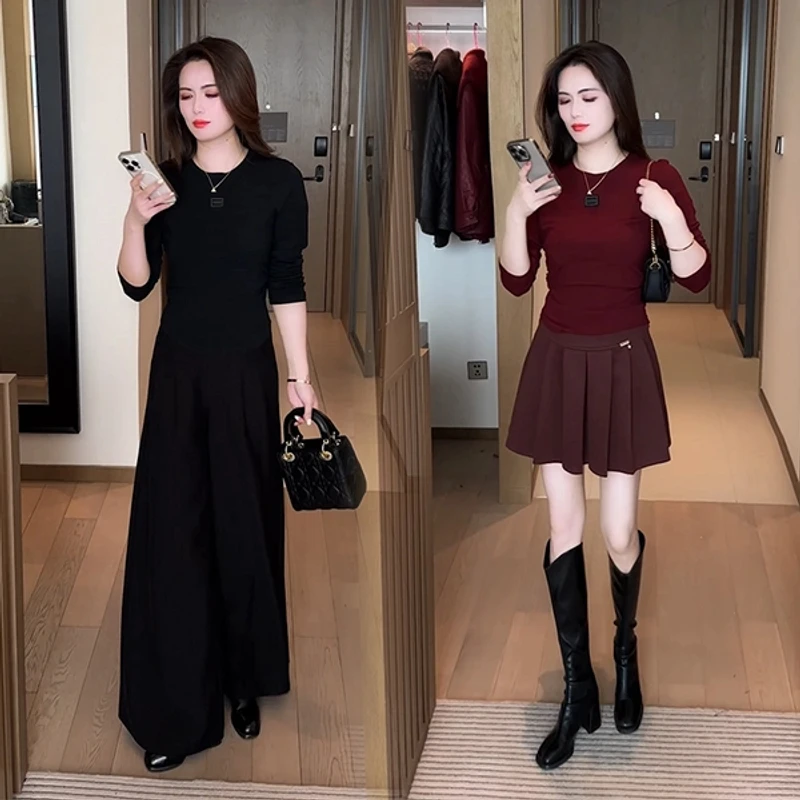 早春季设计感洋气时尚气质小个子减龄长袖圆领T恤显瘦高腰休闲