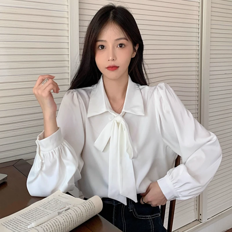 KALUOLAI/卡洛莱设计感蝴蝶结系带衬衫女春秋款宽松显瘦长袖上衣