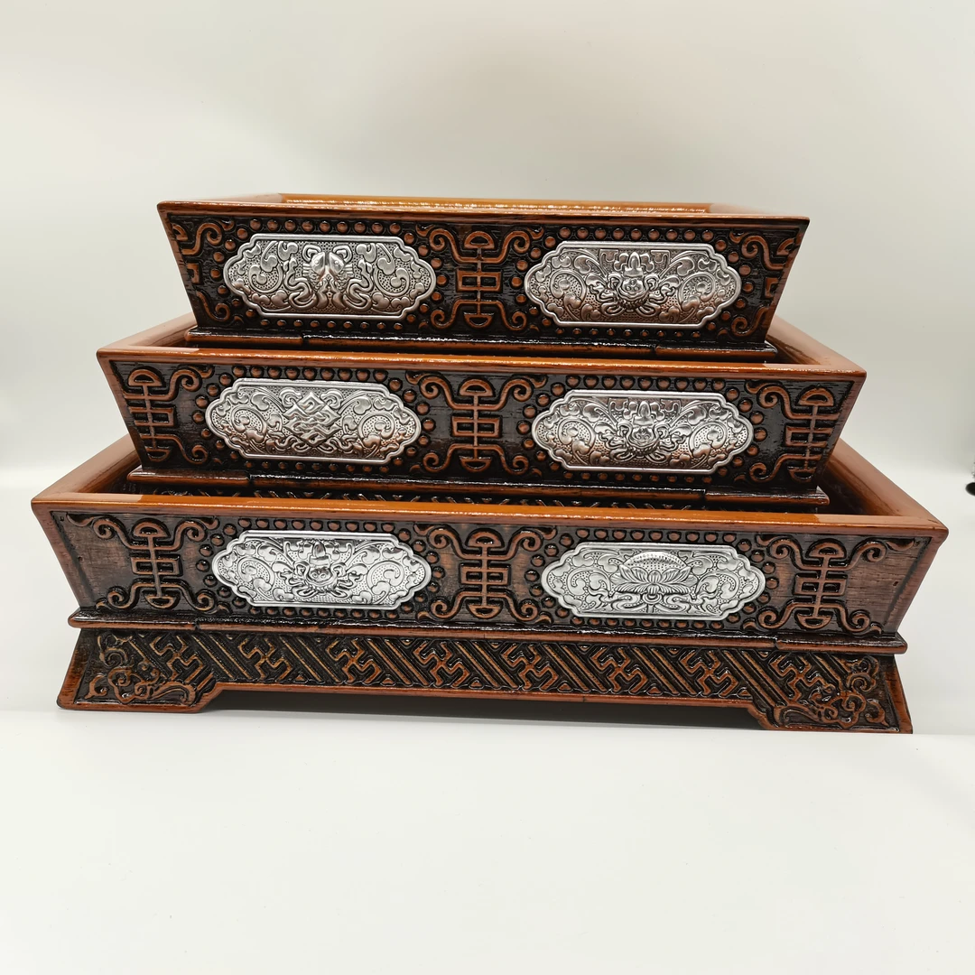 民族特色实木长方形手扒肉盘中式铝制贴片家用雕花护角特色餐具