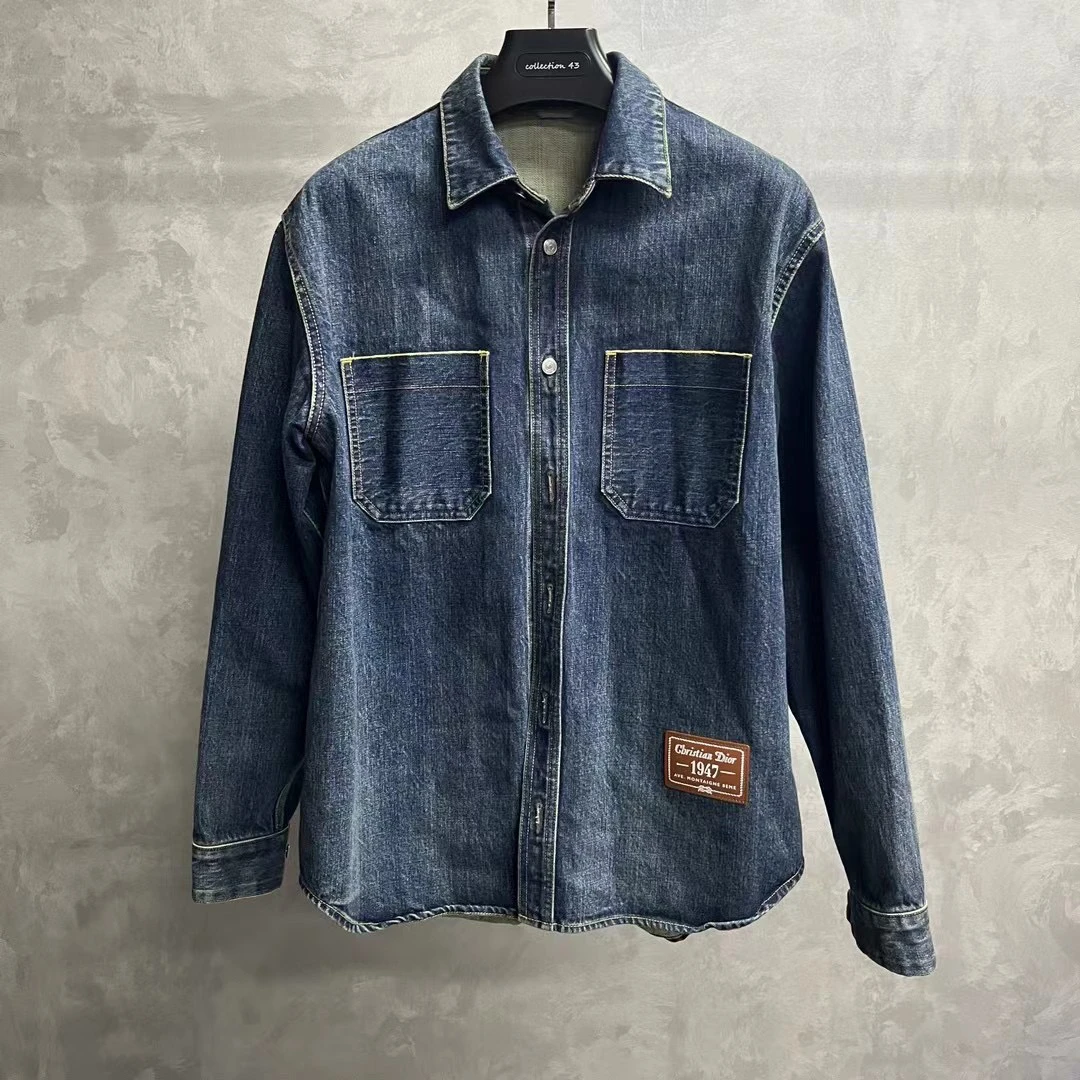 99新 DIOR/迪奥 牛仔蓝纯色logo标签翻领单排扣长袖衬衫/40码
