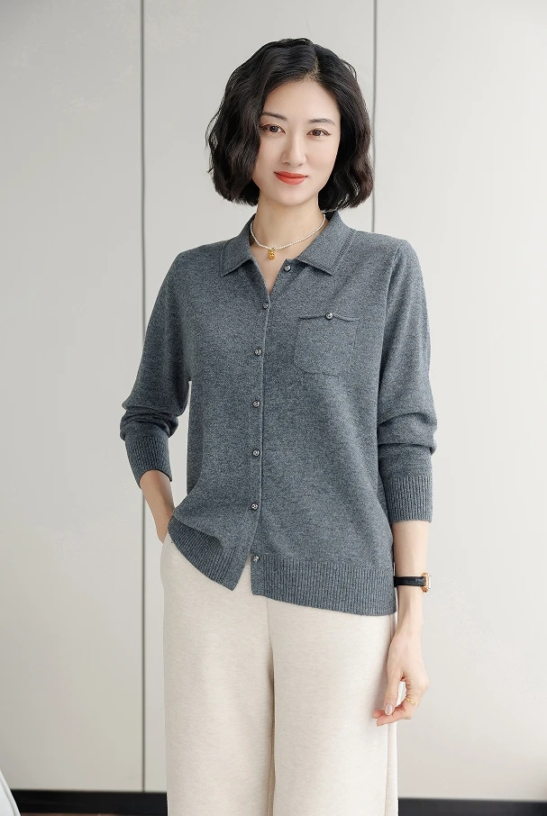 春款开衫羊毛衫女100%纯羊毛时尚百搭大码妈妈装打底衫女士-8852