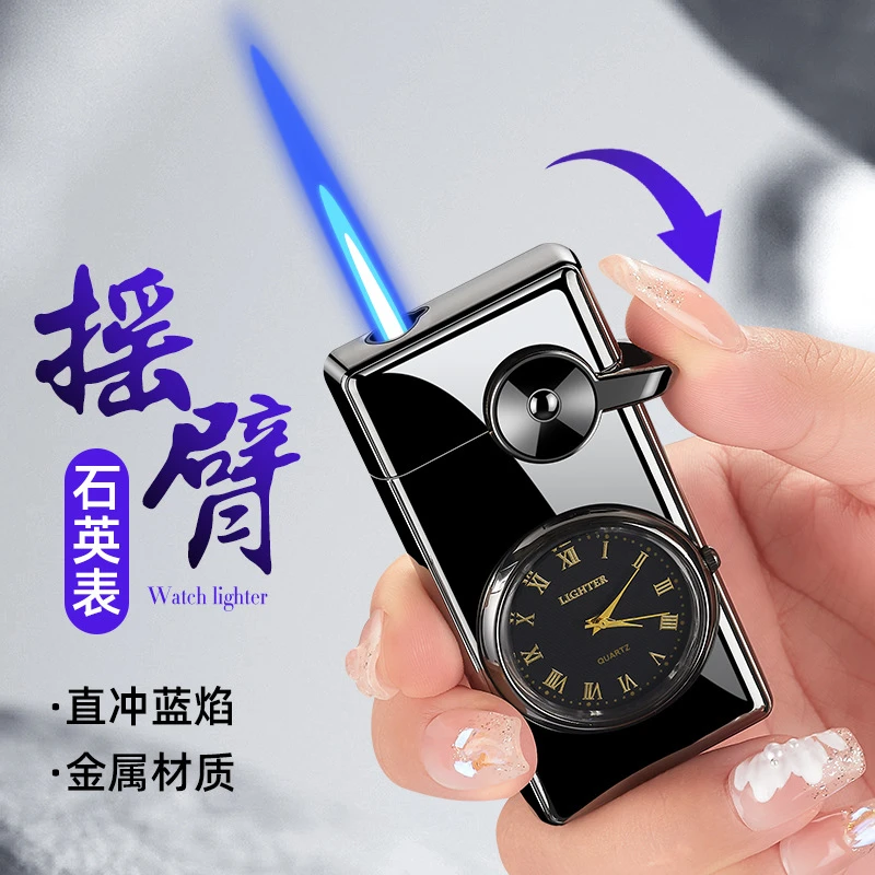 新款摇臂充气打火机创意真石英表盘金属男士防风手表打火机礼物