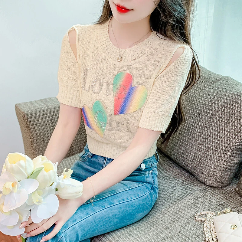 冰丝薄款针织短袖露肩t恤女夏季2025新款高腰小个子百搭短款上衣