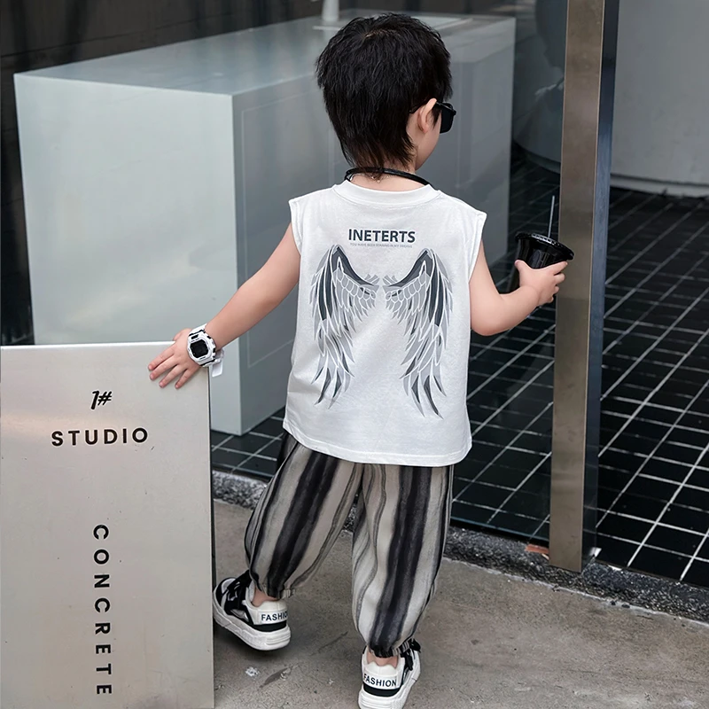 儿童背心夏装套装帅气韩版男孩无袖t恤薄款防蚊裤男童帅气两件套