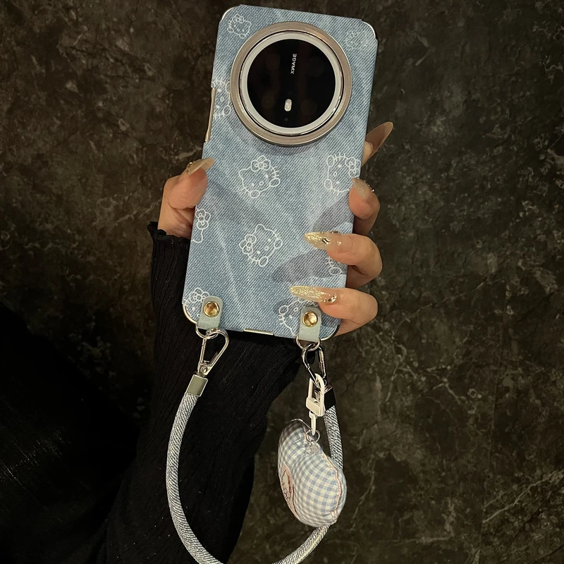 韩系ins牛仔纹线条kt猫适用华为mate70pro+手机壳Mate60pro爱心挂