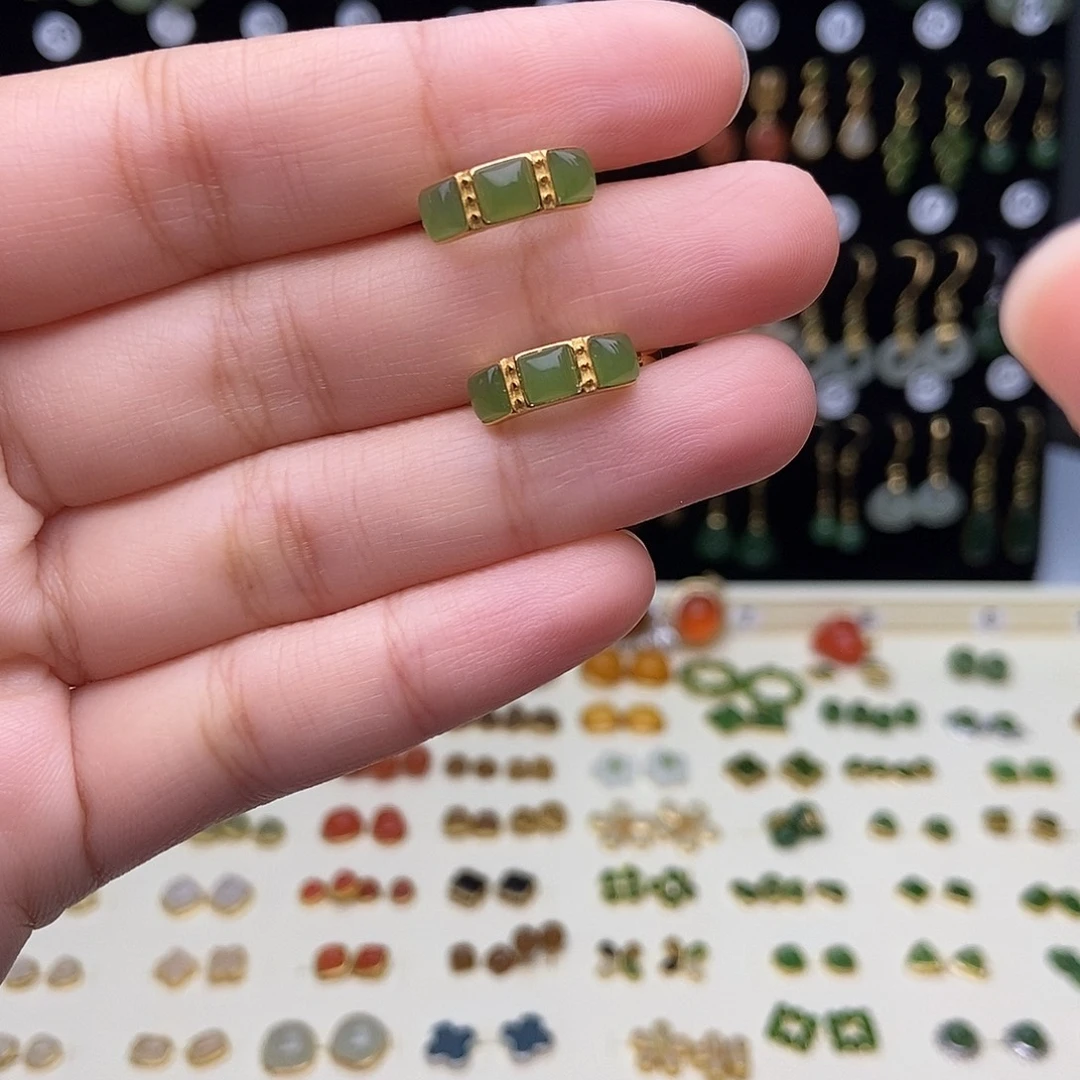 和田玉银S925镀金镶嵌耳饰