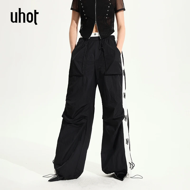 UHOT 黑白撞色拼接双腰头户外运动工装长裤25夏季新款UWWR6K398-1