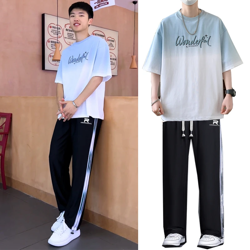 青少年初高中学生中大童男孩夏季冰丝休闲裤搭配潮流短袖T恤套装