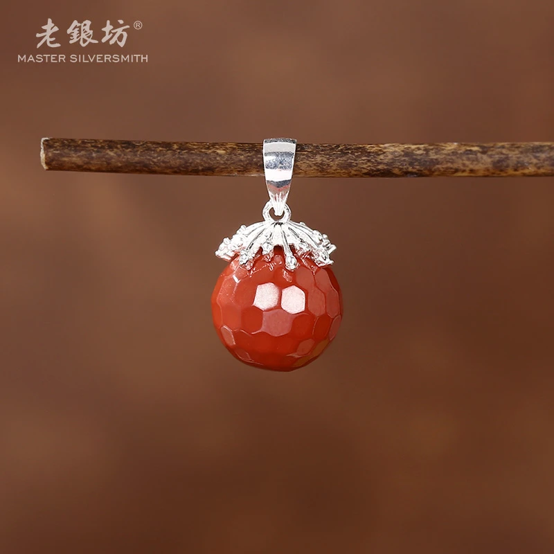 含辰砂工艺品【老银坊】s925银小切面雪花朱砂单珠吊坠 00232338