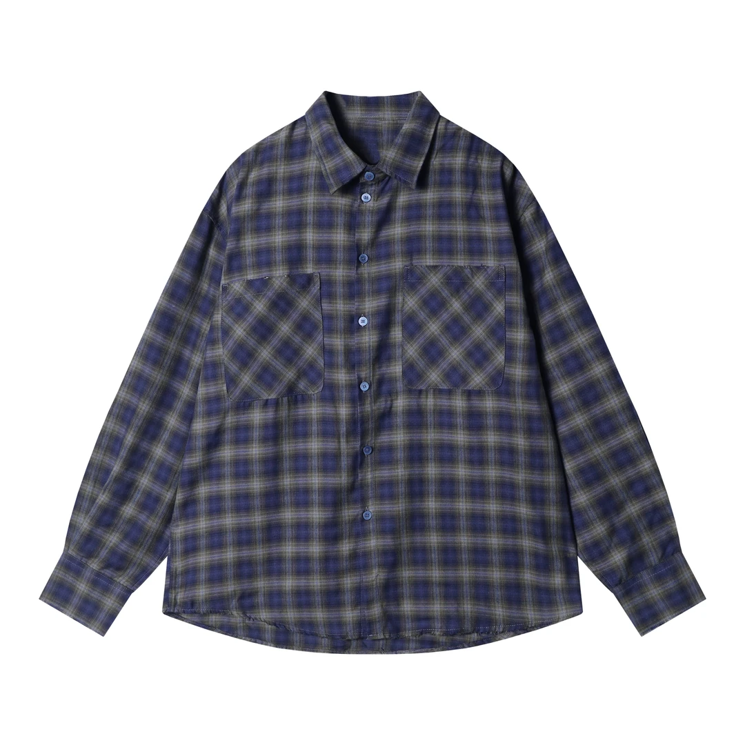 早春新款时尚个性复古撞色格子时尚撞色休闲长袖衬衫减龄上衣