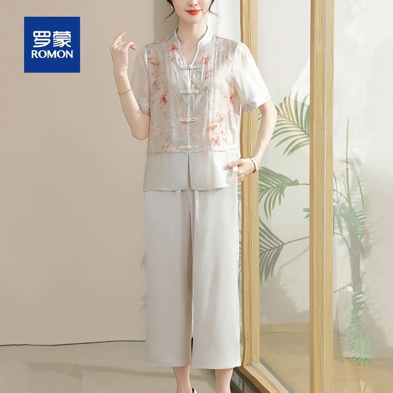 罗蒙母亲节衣服妈妈夏装新中式国风小衫阔腿裤套装中老年女装短袖
