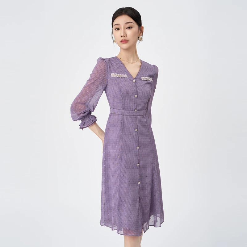 【粉丝专享】BuouBuou商场同款浪漫小香风V领雪纺连衣裙WKFG613