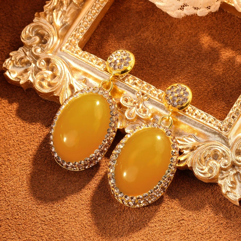 非金属珐琅耳饰 气质轻奢时尚百搭复古古风黄色镶嵌耳环5781-1